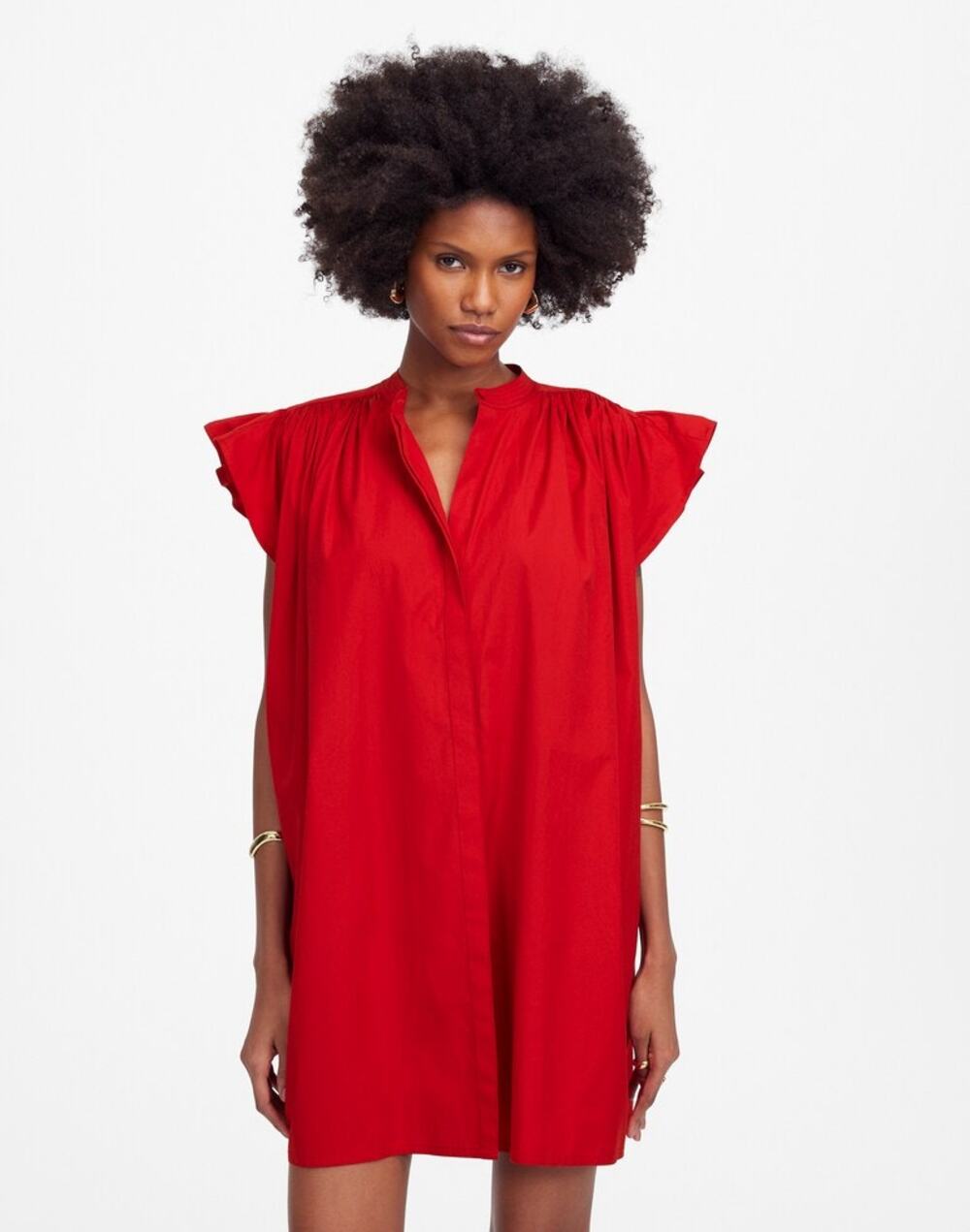 Madewell Flutter Sleeve Button-Front Mini Dress in Poplin Red Size S